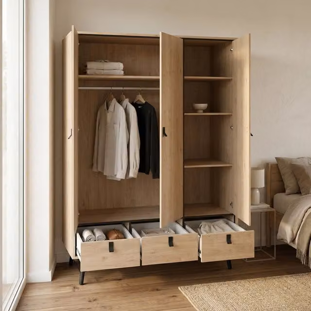 Armadio Zerbo DMORA per camera da letto con ante a battente, cassetti integrati e appendiabiti, Rovere, L: 150 cm, P: 60 cm, H: 200 cm