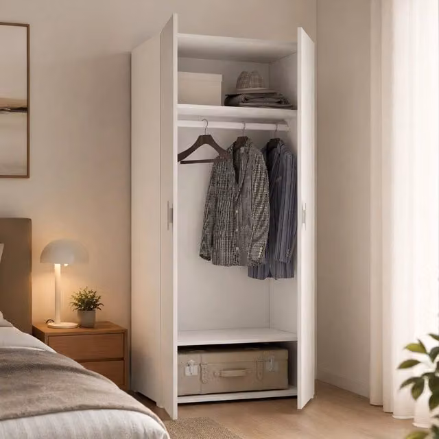 Armadio Nigella DMORA per camera da letto, guardaroba moderno a 2 ante con appendiabiti e ripiani interni, Bianco Opaco, L: 52 cm, H: 180 cm