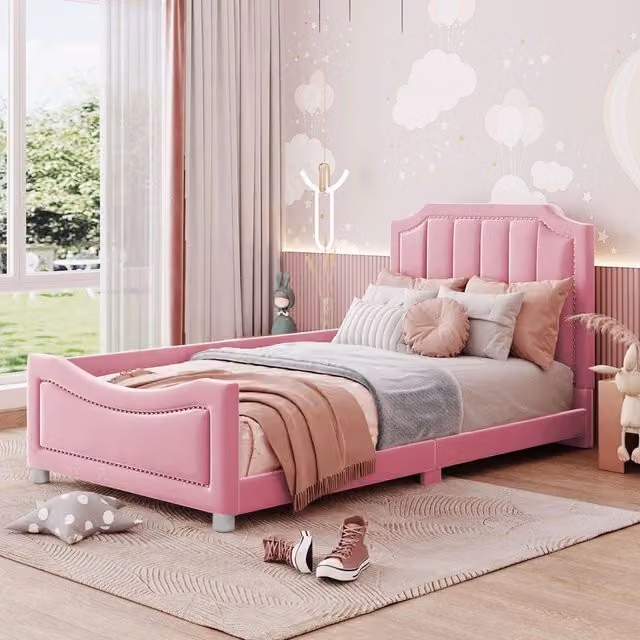 Letto singolo imbottito 90 × 200 cm con rete a doghe rosa in flanella con schienale e braccioli