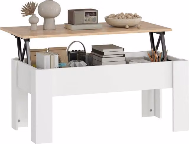 Tavolino da caff¨¨ con piano elevabile e vano contenitore ¨C Xylo ¨C Bianco e legno naturale 100x50cm