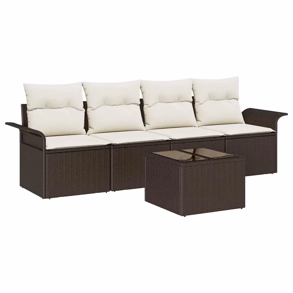 Set Divano da Giardino vidaXL 5 Pezzi a Forma di U in Polyrattan Marrone e Beige con Cuscini e Tavolino – 2