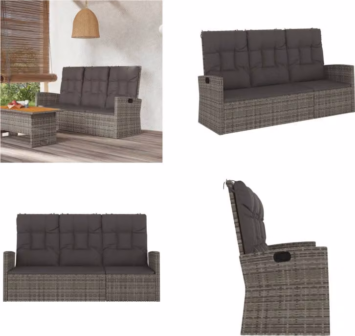 vidaXL Panchina da giardino reclinabile con cuscini Grigio 173 cm in polyrattan - Panchina da giardino - Panchine da giardino - Panchina - Panchina da esterno