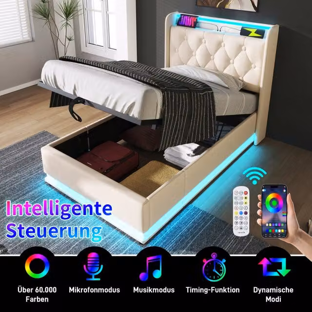 Letto singolo contenitore OKWISH con illuminazione LED, porte USB e USB-C, rivestimento in ecopelle bianco, L/P: 90 x 200 cm