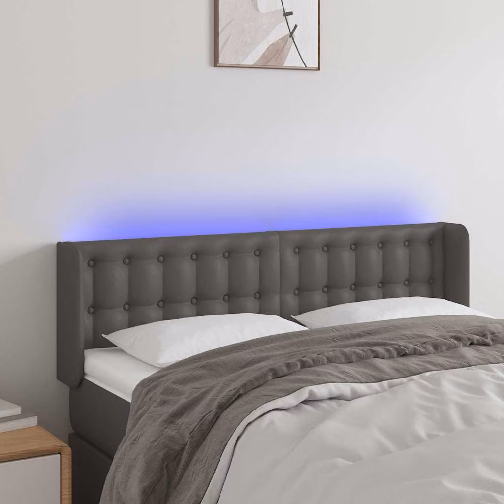 Testiera per letto vidaXL in similpelle grigia con illuminazione LED e porta di ricarica USB, L 147 cm x P 16 cm x H 78/88 cm