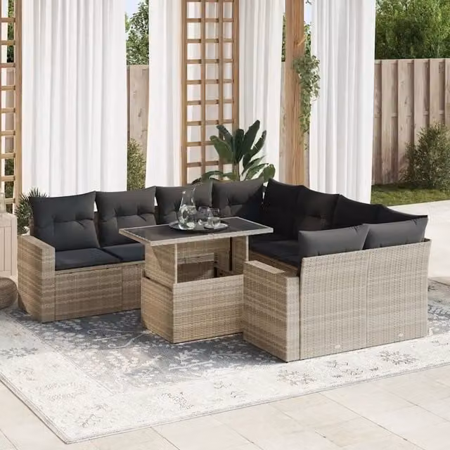 Set Divano da Giardino a L vidaXL 9 Pezzi con Cuscini Grigio Chiaro e Tavolino in Vetro