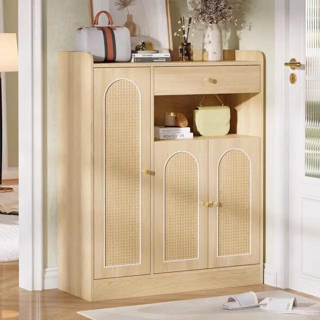Armadio porta scarpe WISHDOR in rattan e MDF con ante a battente e cassetto, colore beige, L: 90 cm, P: 35 cm, H: 110 cm