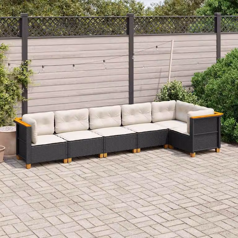 Set Divano da Giardino L Shape vidaXL in Polyrattan e Legno di Acacia con Cuscini Bianchi e Nero