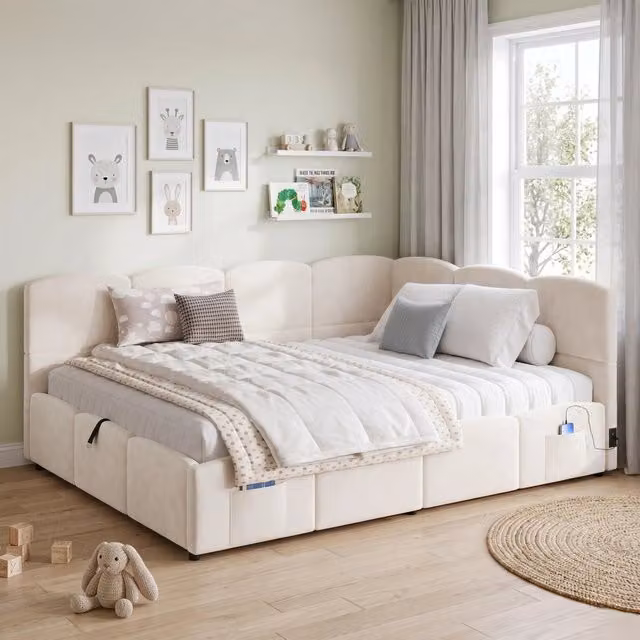 Letto da giorno imbottito 140x190 cm con USB e tasca portaoggetti; divano letto con doghe a molla; velluto; beige