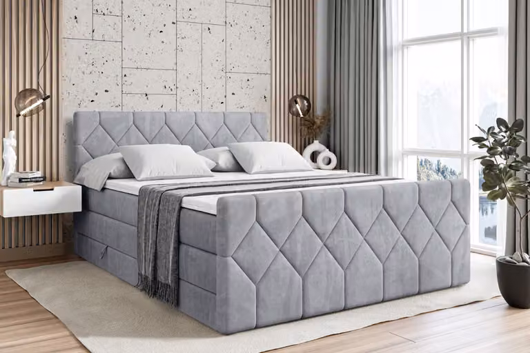 Letto boxspring ALTDECOR con pediera, 2 materassi e topper - 160x200 cm - CATOR-Z KING - Grigio chiaro Monolith - Letto imbottito con materassi H3 e H4, contenitore e rete a doghe, letto con contenitore