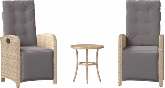 Set da Bistrò 3 Pezzi in Polyrattan con Cuscini Beige e Grigio per Giardino e Balcone