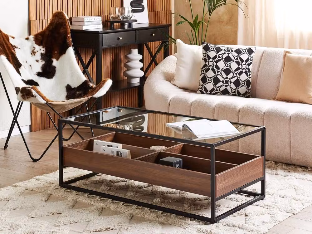 Tavolino rettangolare moderno BELIANI con piano in vetro nero e struttura in metallo marrone L: 110 cm, P: 55 cm, H: 42 cm – 2