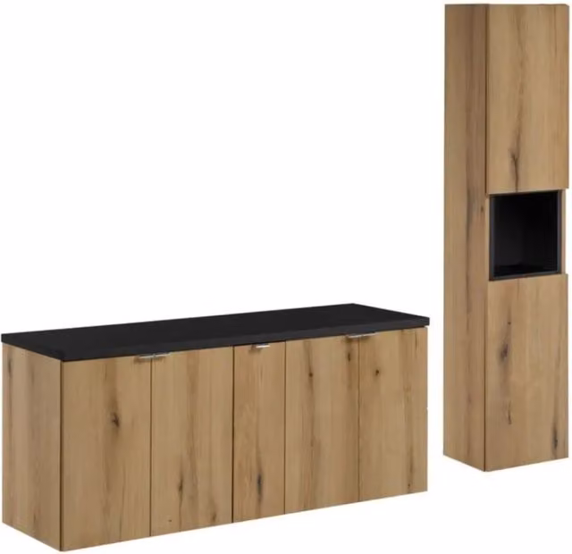 Set da bagno sospeso VANO effetto rovere e nero 170cm: mobili sotto lavabo con armadietti + piano per lavabo + colonna