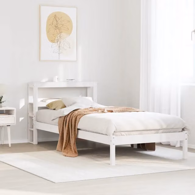 Letto singolo vidaXL in legno massello di pino bianco con doghe fisse e ripiani laterali L: 190 cm, P: 82 cm, H: 81 cm