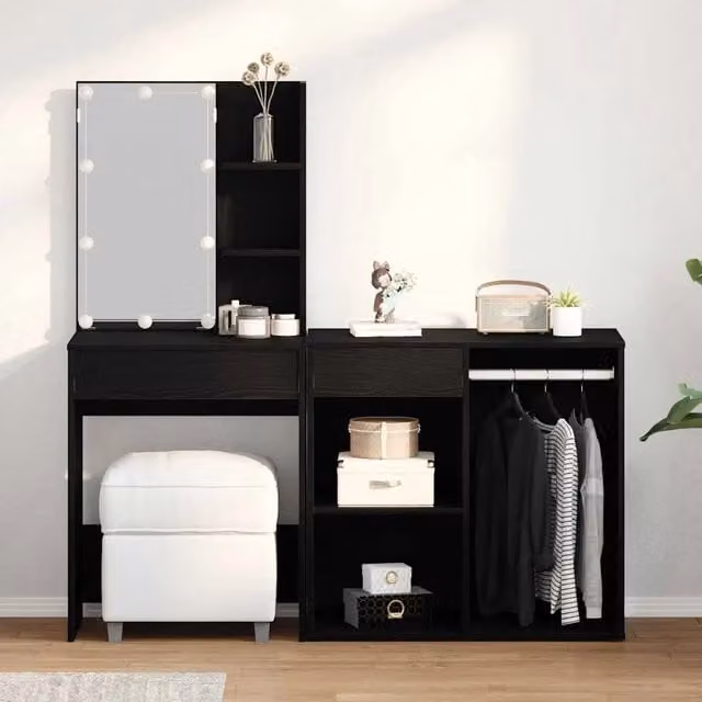 Set Tavolo da Trucco Hollywood LED vidaXL in Rovere e Nero L/P/H: 140 x 40 x 140 cm – 1