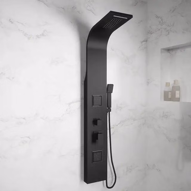Pannello doccia in alluminio nero opaco con doccino, cascata e getti idromassaggio | Laja