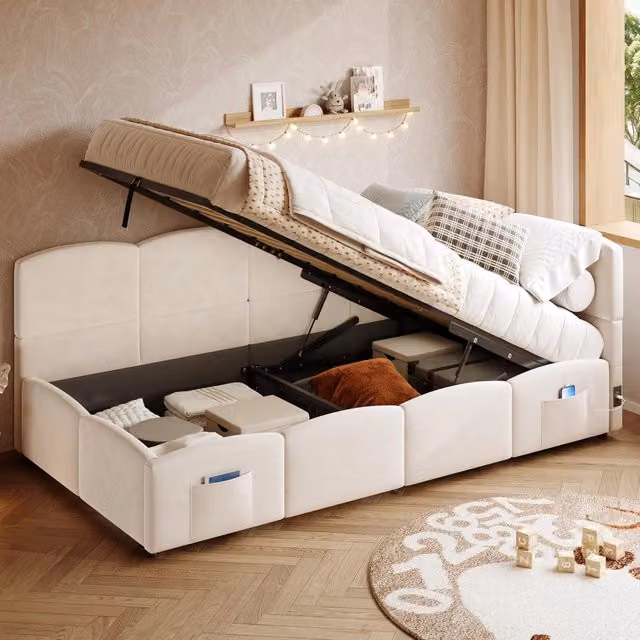 Divano letto Mivray in velluto beige con vano contenitore e ricarica USB, L/P/H: 90 x 200 cm