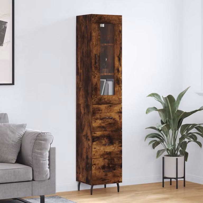 Credenza moderna vidaXL in legno e vetro color rovere fumo con ante in vetro, L/P/H: 34,5 x 34 x 180 cm