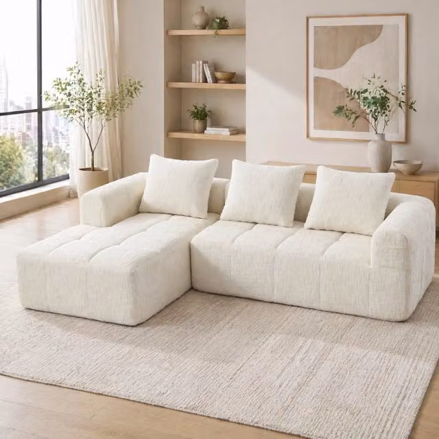 Divano Angolare Moderno REDOM in Tessuto Beige con Chaiselongue a Sinistra L/P/H: 250 x 158 x 60 cm