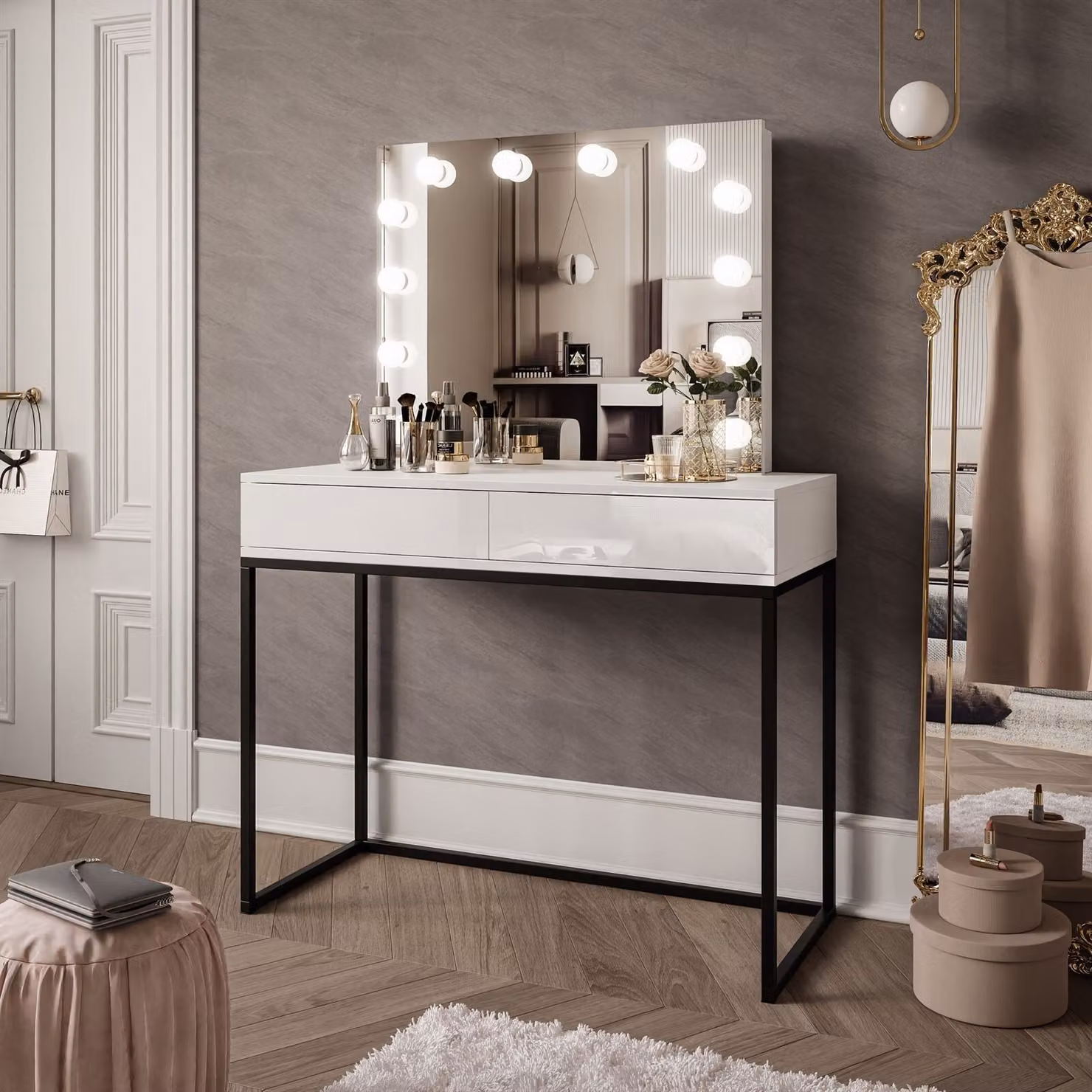 Tavolo da trucco BLANCO LOFT ELITE con specchio e illuminazione Nero / Bianco lucido Sistema push-to-open