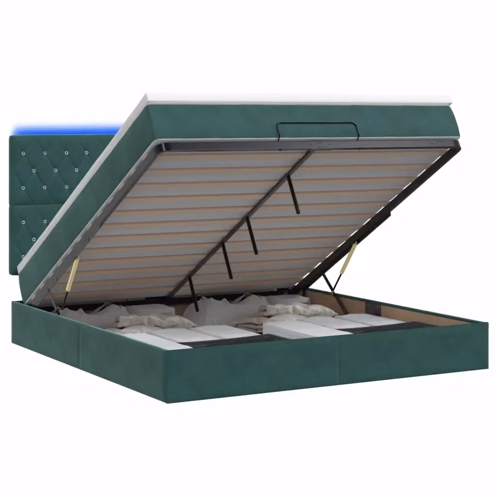 Letto Ottomano Moderno vidaXL con Materasso Ibrido e Illuminazione LED Sotto il Letto, Rivestimento in Velluto Verde e Bianco, L/P/H: 180 x 200 x 88 cm – 2