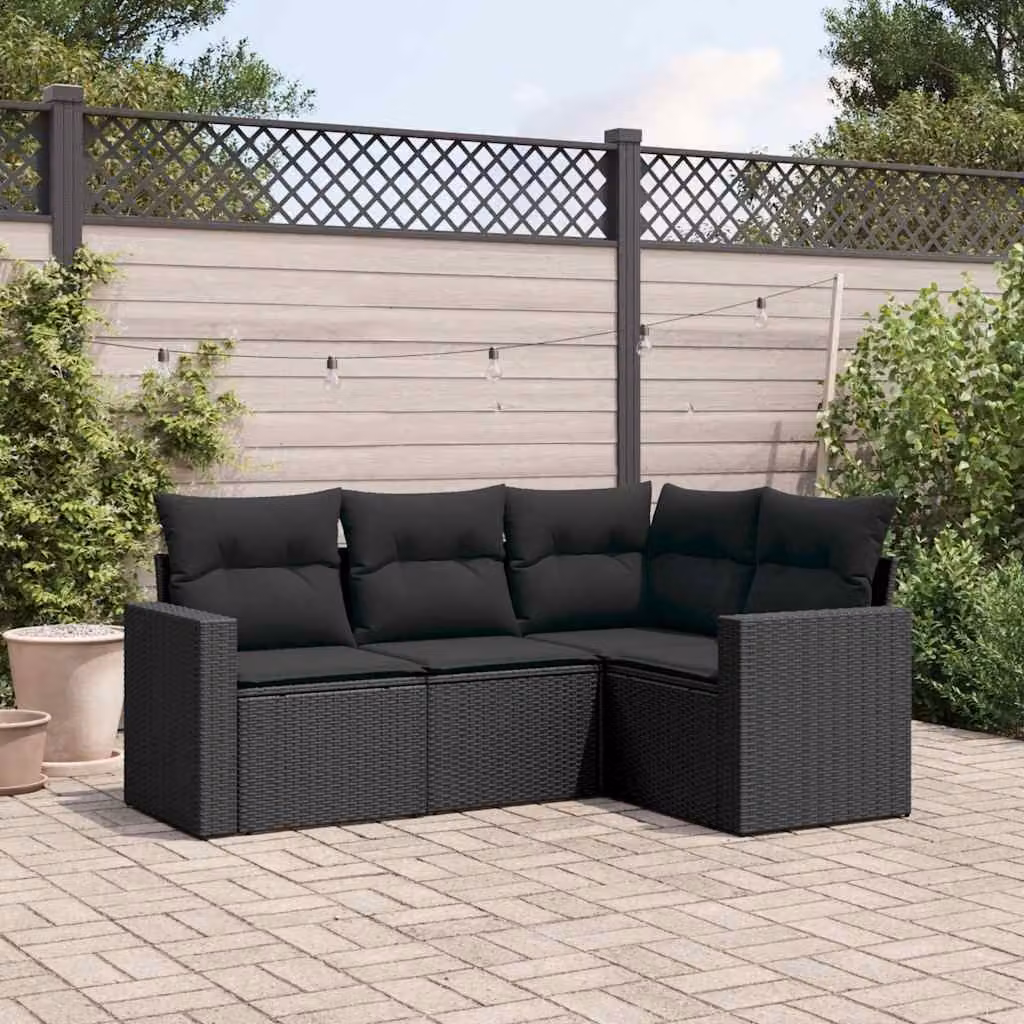 Set di divani da giardino vidaXL a forma di L composto da 4 pezzi con cuscini neri in polyrattan e struttura in acciaio verniciato a polvere – 1