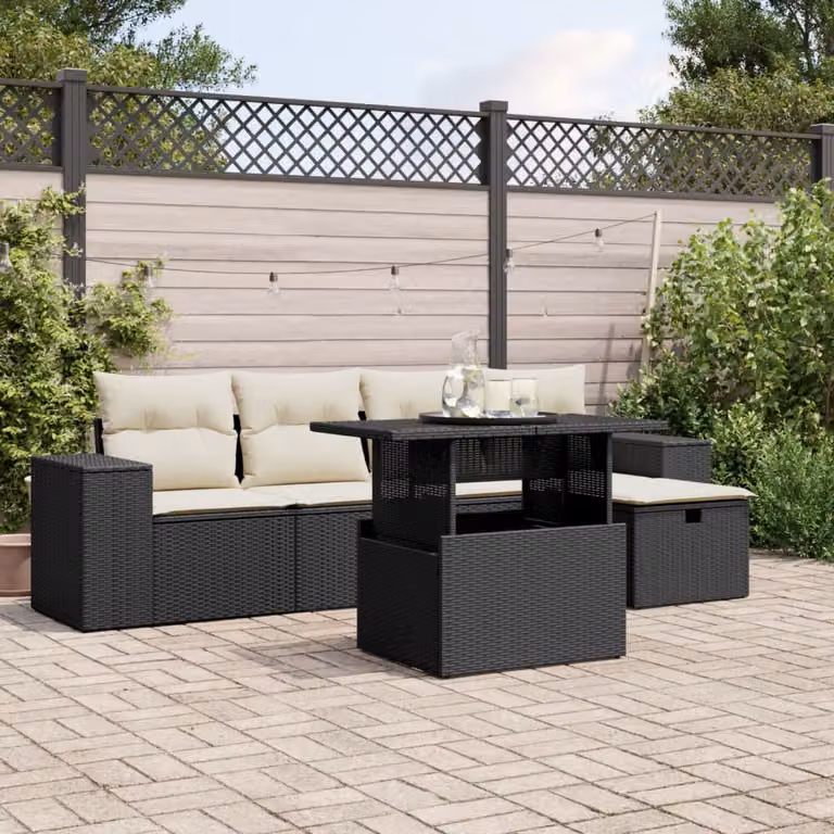 Set Divano da Giardino vidaXL 6 pz in Polyrattan Nero con Cuscini e Tavolino da Esterno