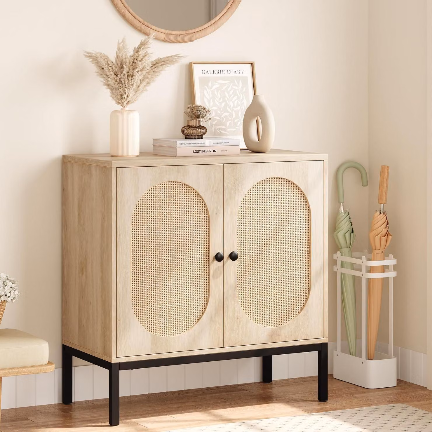 Mobile contenitore con 2 ante, ripiano regolabile, gambe in metallo, struttura in rattan/legno, dimensioni 80x40x83 cm
