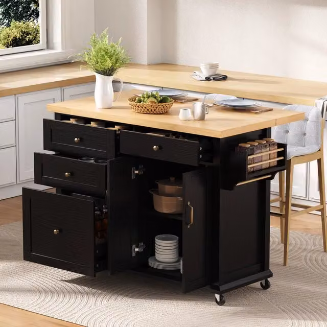 Carrello da cucina moderno OKWISH in MDF nero opaco con piano estraibile, 2 ante e cassetti, L/P/H: 107 x 45 x 90,5 cm – 1