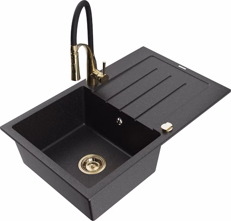 Mexen Bruno lavello in granito a 1 vasca con sgocciolatoio e miscelatore da cucina Aster, nero/argento metallizzato