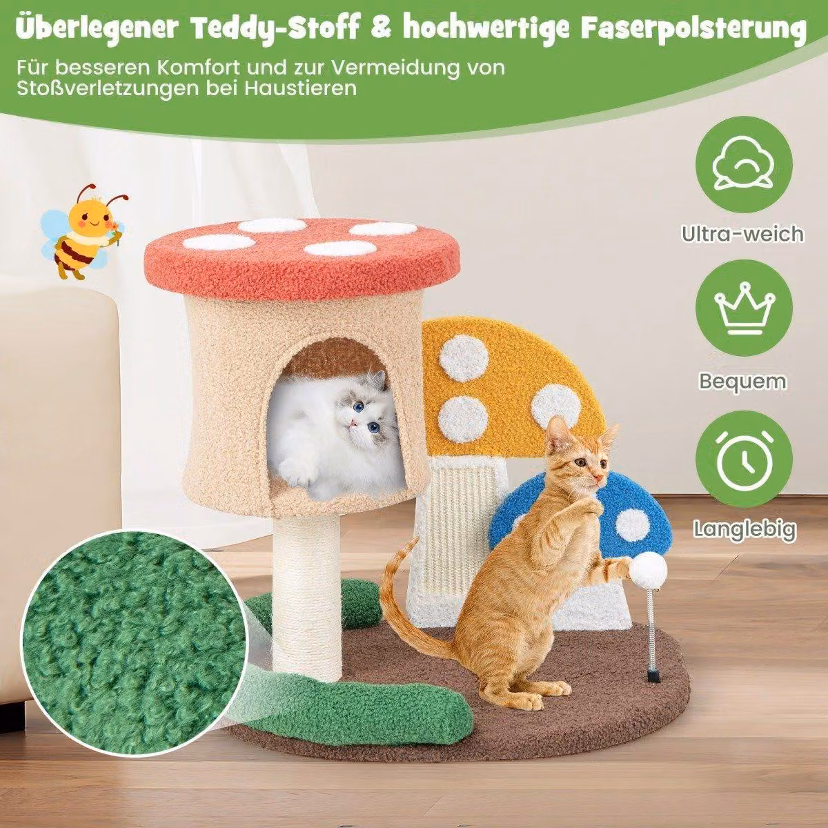 Tiragraffi in albero per gatti effetto fungo con grotta per gatti, tiragraffi in sisal, base grande e palla da gioco 60 x 49 x 59 cm