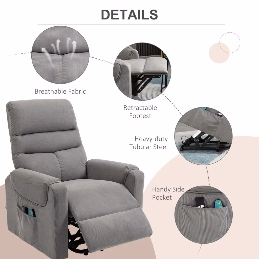 Poltrona Relax Elettrica REDOM con Massaggio, Alzapersona e Riscaldamento, Grigio, L: 79 cm, P: 97 cm, H: 103 cm – 2