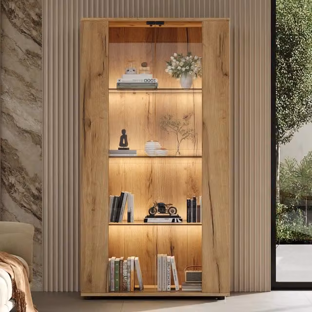 Vetrina con 2 ante in vetro, 4 ripiani e LED regolabile, per soggiorno, in truciolare naturale, 80 × 36 × 150.5 cm