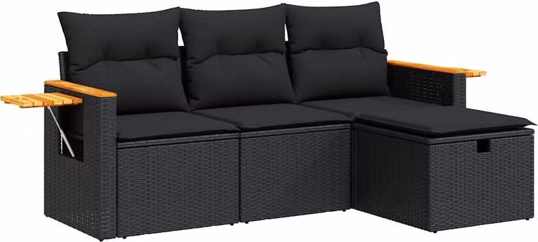 Set Divani da Giardino 4 pz con Cuscini Nero in Polyrattan
