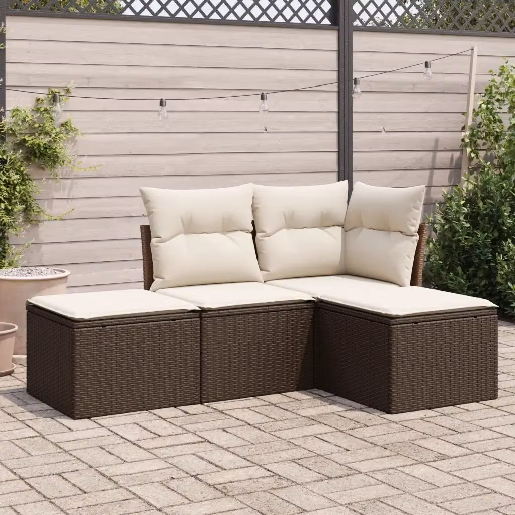Set Divano da Giardino a L di 4 Pezzi DESIGN IN in Polyrattan Marrone con Cuscini Bianchi e Struttura in Metallo – 2