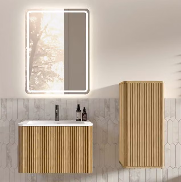 Set mobili bagno sospeso con lavabo in pietra artificiale 60 cm, specchio LED regolabile, finitura rovere