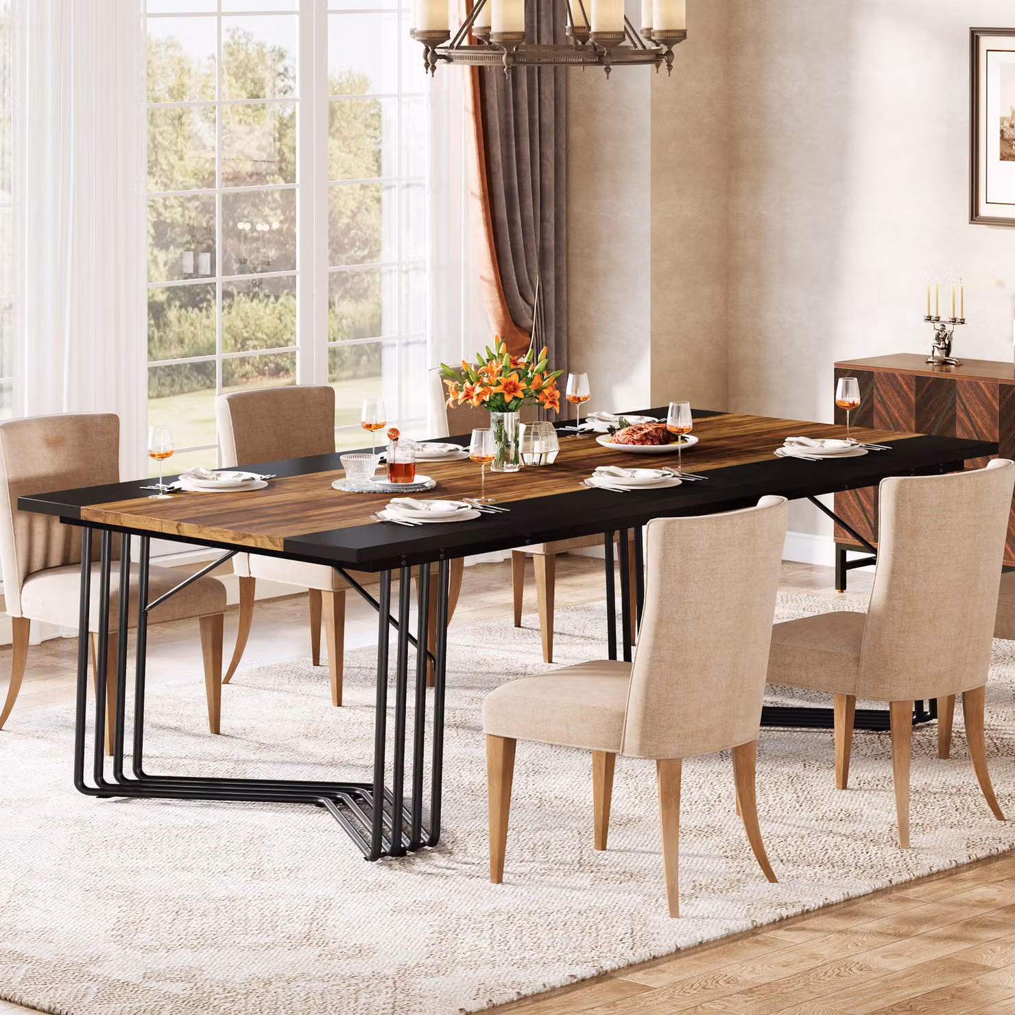 LITTLE TREE Tavolo da pranzo rettangolare per 8-10 persone, 200 cm Grande tavolo da cucina industriale Tavolo da pranzo per soggiorno, cucina, struttura in metallo, marrone