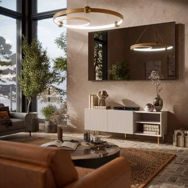 Mobile porta TV Magnano, Madia da salotto con quattro ante battenti, Rialzato da terra, 150x42 h52 cm, Beige