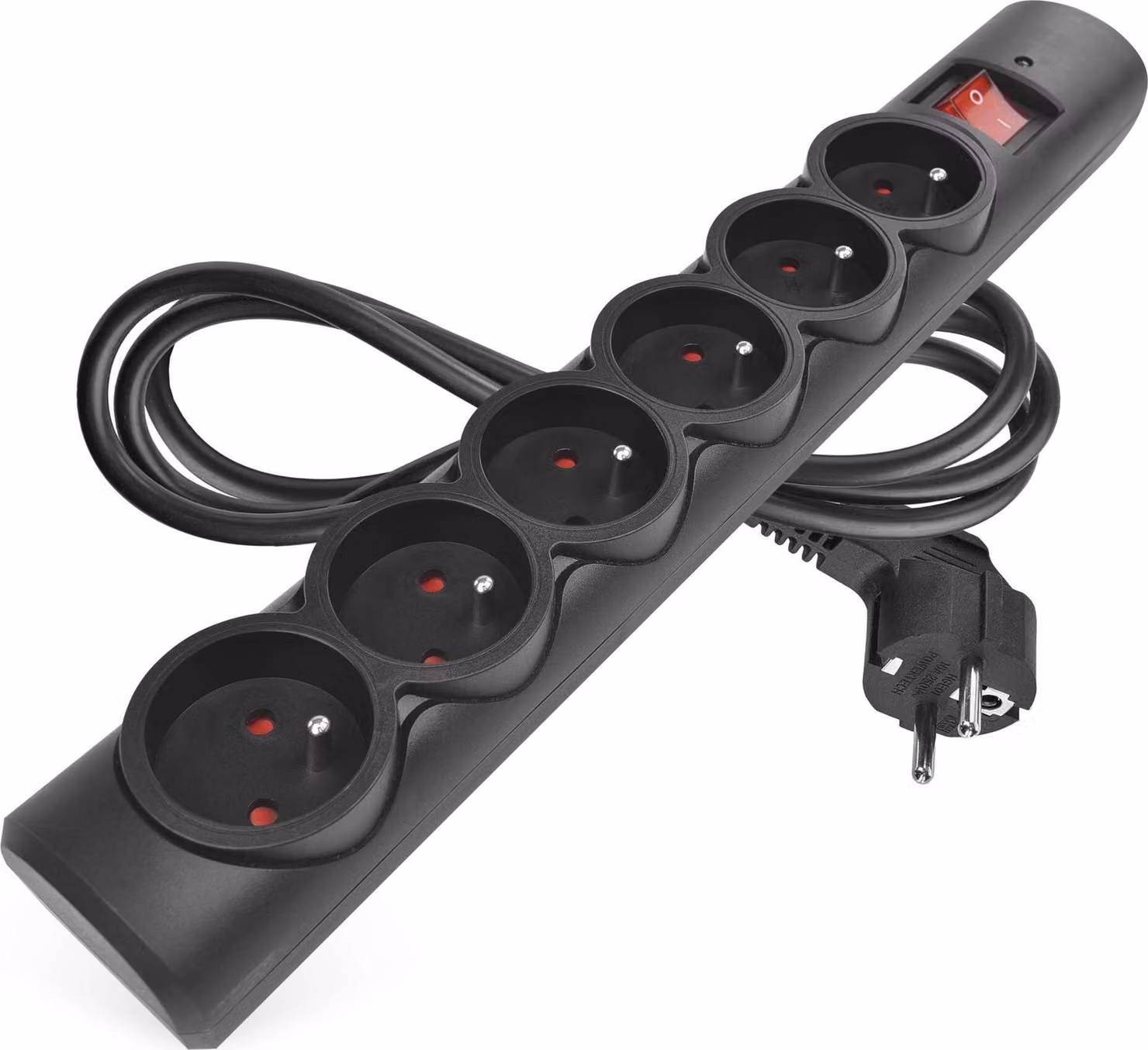 Limitatore di sovratensione EMOS con LED, 6 vie, cavo 1,5 m, prese ruotate di 45°, interruttore, 2300W/10A, per uso interno, nero, P54018