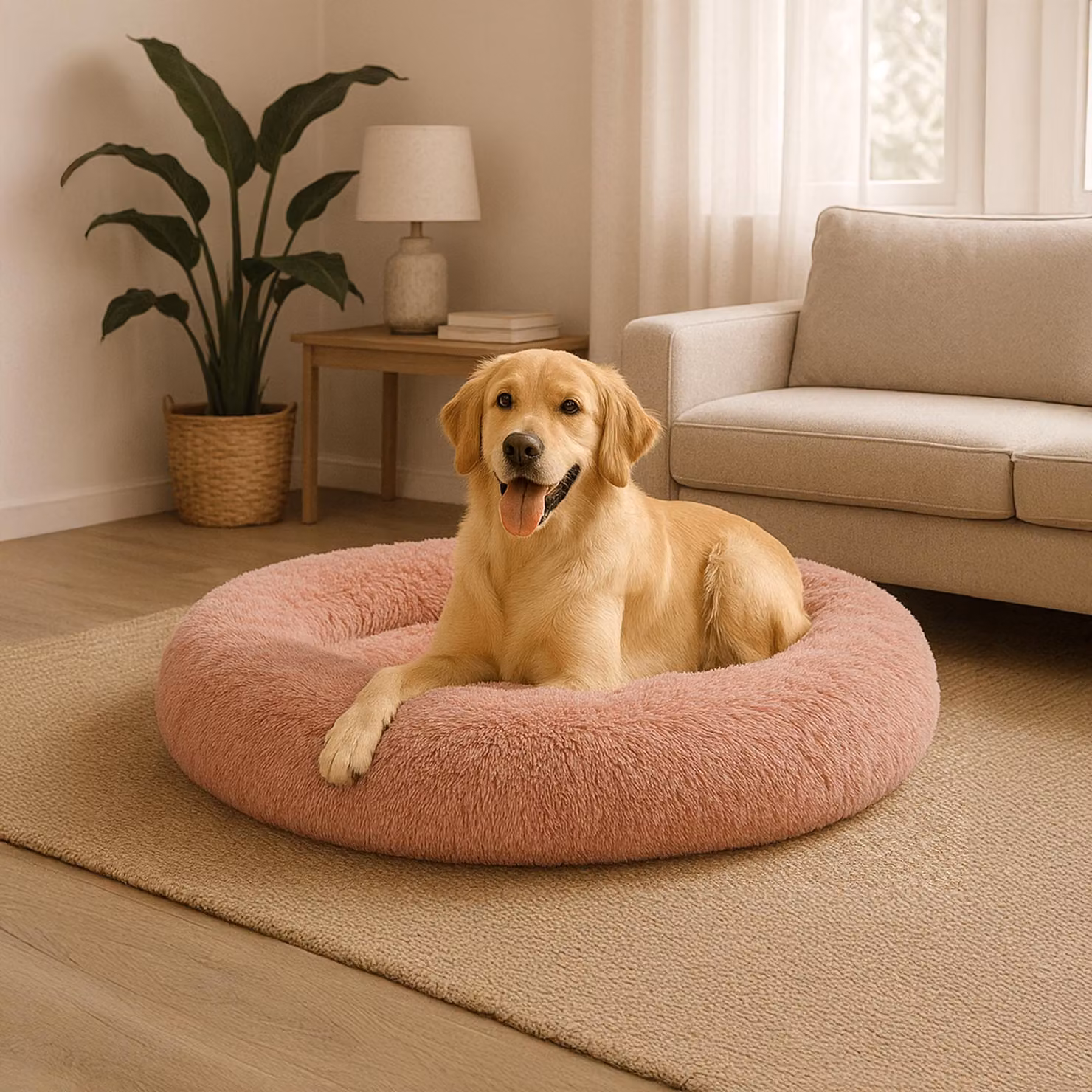 belviona donut dog bed, accogliente letto in peluche con morbida imbottitura, presa sicura e bordo ergonomico, diametro 100 cm, rosa scuro