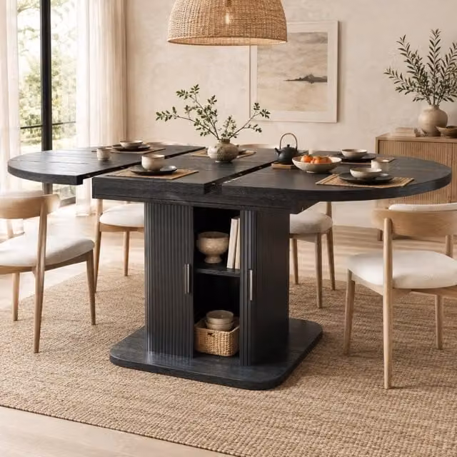 Tavolo da pranzo ovale allungabile con mobile contenitore; ante scorrevoli; MDF e metallo nero
