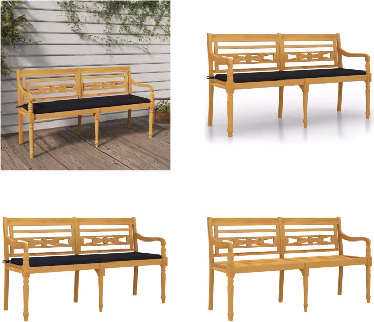 vidaXL Panca Batavia con cuscino nero 150 cm in teak massiccio - Panca - Panche - Panca da giardino - Panca da salotto
