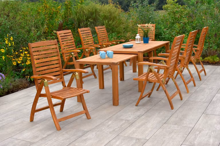 Set di mobili da giardino Merxx Paraiba, 9 pezzi: 8 sedie pieghevoli, 1 tavolo allungabile Flex 185 (362,5) x 90 (73,5) x 76 (70) cm – Acacia