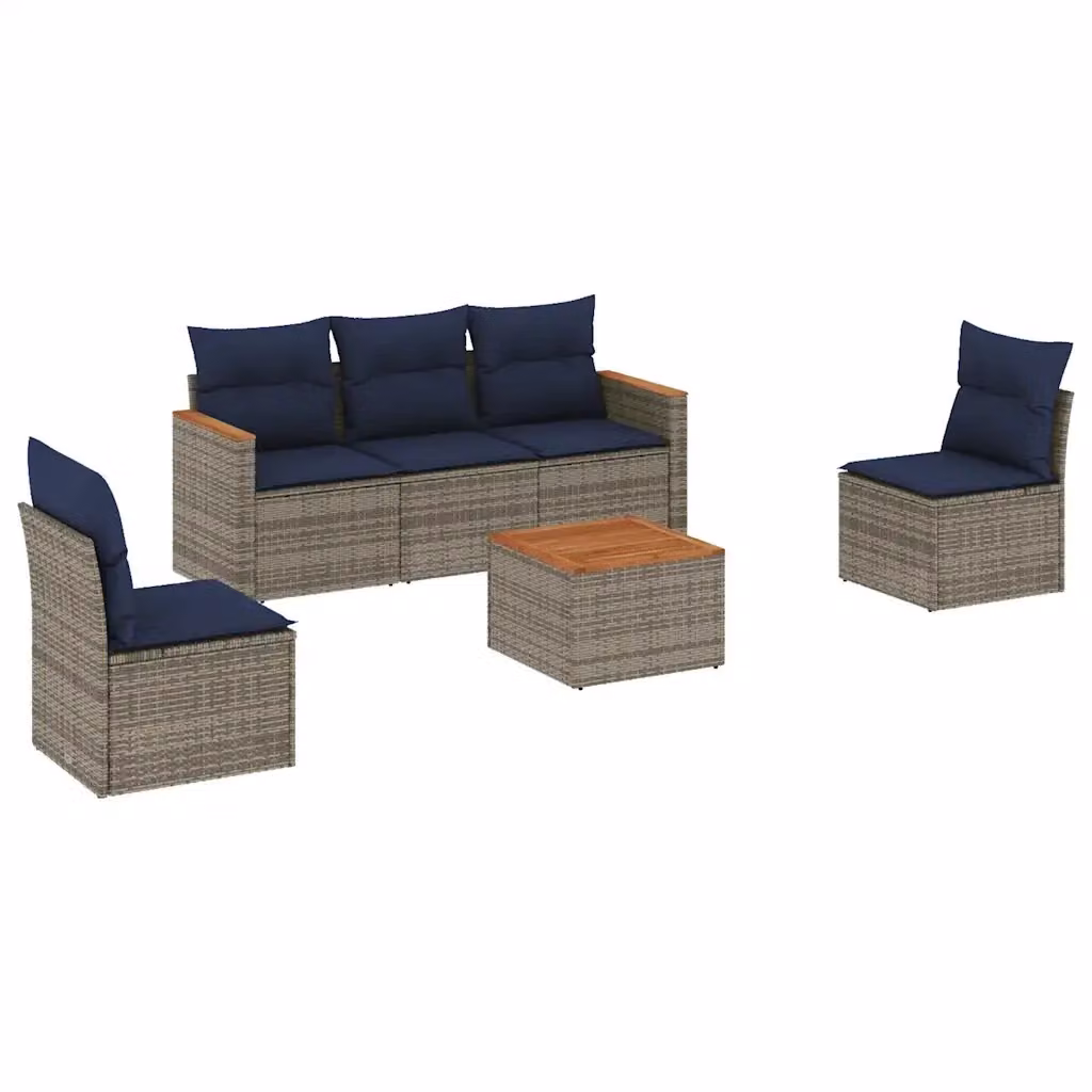 Set da giardino vidaXL composto da 6 pezzi con divani e tavolino, include cuscini grigi e blu in polyrattan e struttura in acciaio verniciato a polvere – 2