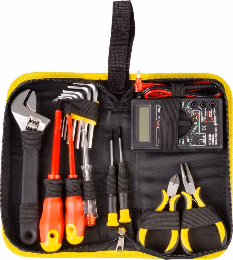 Set di attrezzi Strend Pro CMT-05.0215, 15 pezzi, per elettricista + multimetro, in borsa