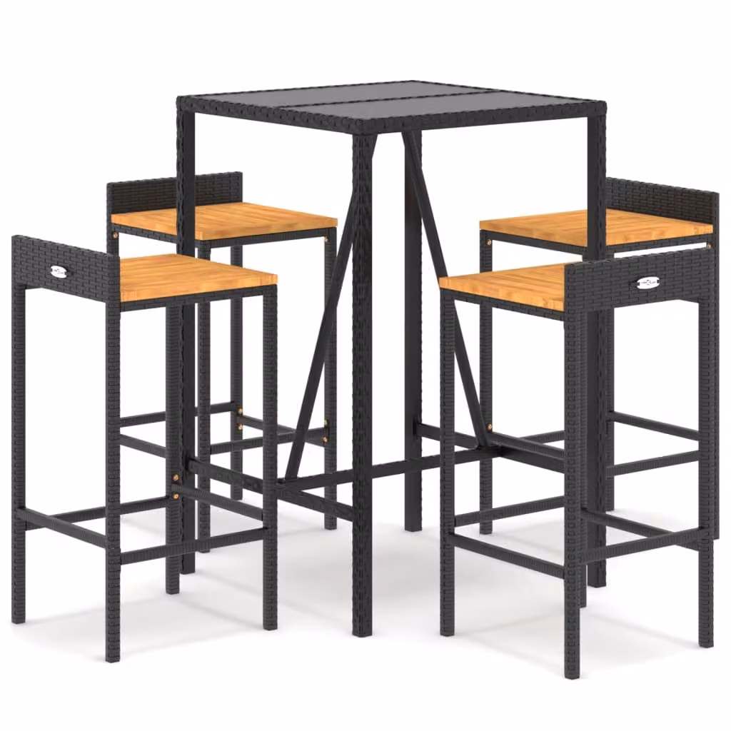 set bar da giardino 5 pezzi in poly rattan nero e legno massiccio di acacia