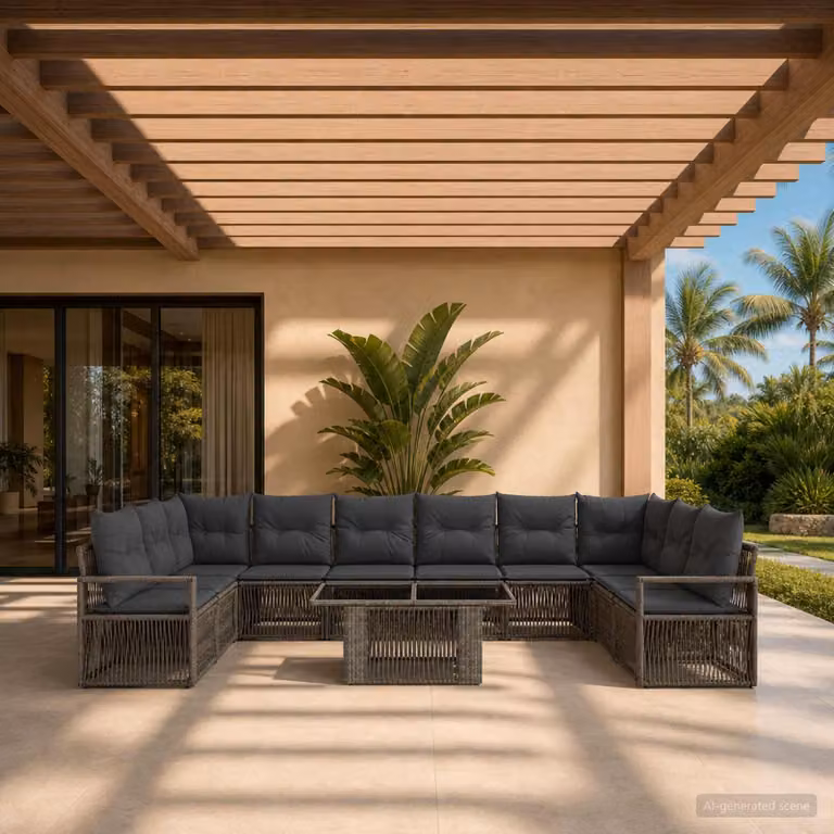 Set Divano da Giardino vidaXL 11 pz Grigio con Tavolino e Cuscini in Polyrattan e Metallo