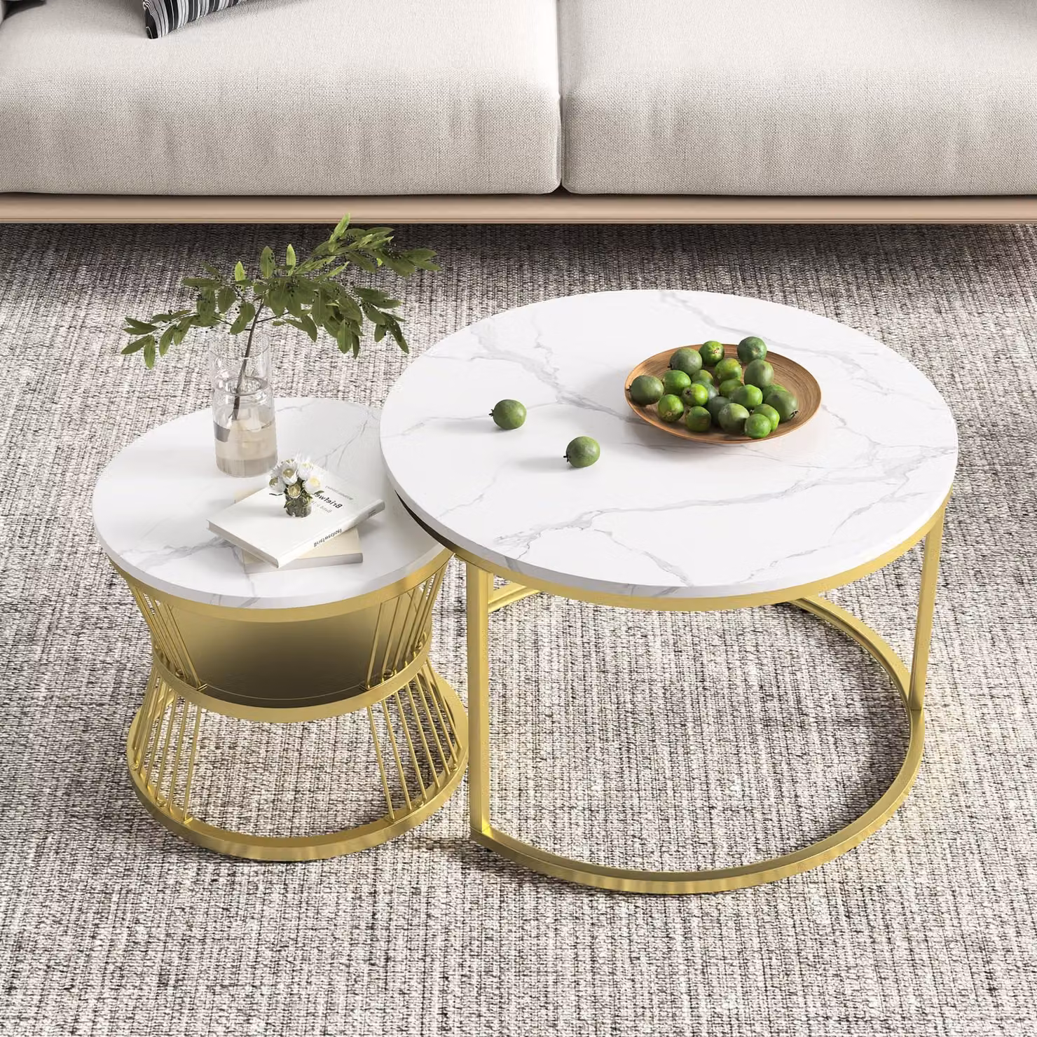 Elzusha - Set di 2 tavolini rotondi dorati, dimensioni 70 x 45,5 cm e 45 x 40 cm