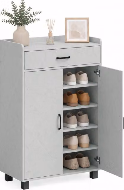 Meuble à Chaussures, Armoire à Chaussures avec 2 Portes, Tiroir, 5 Compartiments et Étagères Réglables, Gris