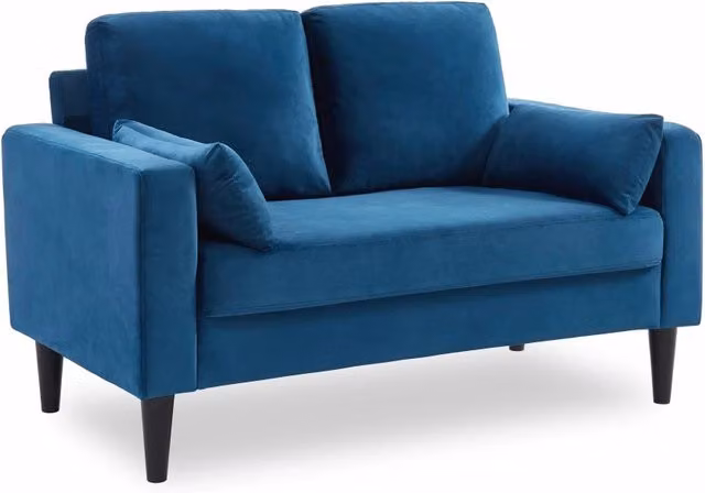 Divano a 2 posti Sweeek in velluto blu con gambe in legno in stile scandinavo – 1