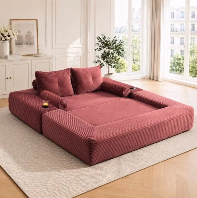 Divano letto 2 posti 180x98x80 cm bordeaux rosso, con tasche e portabicchieri, tessuto a coste